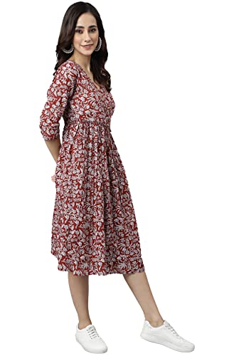 Image of Janasya Women's Cotton Floral Print Angrakha Dress