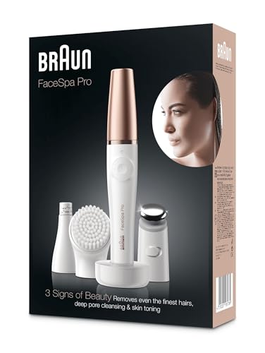 Braun FaceSpa Facial Epilator for Women, Hair Removal with Facial Cleansing Brush Head, Toning Head & Charger Stand, Wet & Dry, SE911, White/Bronze