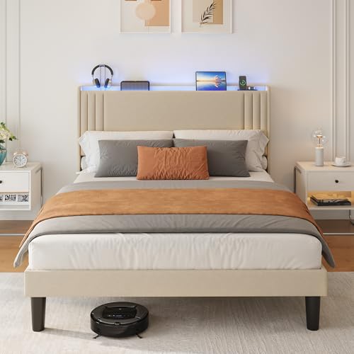 Gizoon Queen Bed Frame with Charging Station and LED Lights,Upholstered Wingback Platform Bed with Wooden Slats,Noise-Free,No Box Spring Needed Queen Beige+led
