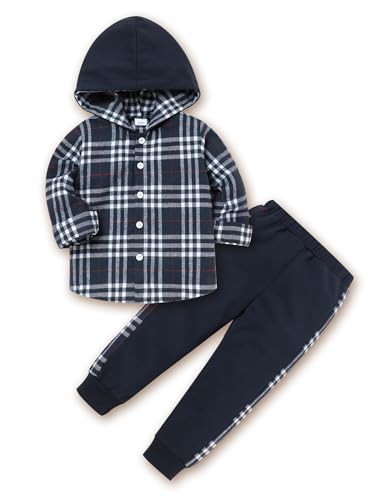 Image of Fuermos Toddler Baby Boys Clothes Flannel Lattice Button Down Hooded Tops +Pants Boys Fall Winter Outfits