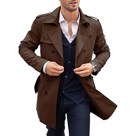 PASLTER Mens Double Breasted Trench Coat Cover