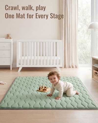 Image of Blissful Diary Baby Play Mat, 47x47 Infant Play Mat for Playpen, Thicken Foam Cushioned Baby Mat for Floor, Non-Slip Kids Play Mat, Washable Baby Playmat for Babies,Toddlers, Sage Green