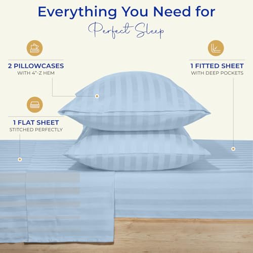 Image of THREAD SPREAD Egyptian Cotton Sheets Queen Size - 1000 Series High Thread Count Cotton Queen Sheet Set (4 PC, Light Blue - Stripe), 16 inch Snug Fit Deep Pocket, Cooling, Sateen, Soft Hotel Luxury Sheets