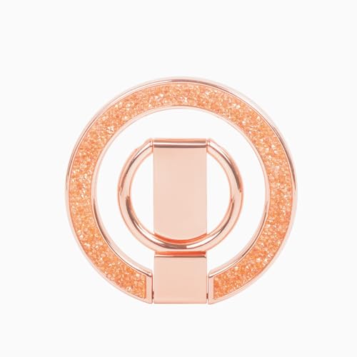 Phone Ring Grip, Magnetic Phone Ring Stand,Ultra Thin Phone Kickstand with Finger Loop, Phone Grip Holder for Mag Safe iPhone 16/15/14/13/12 Series (Rose Gold Diamond)