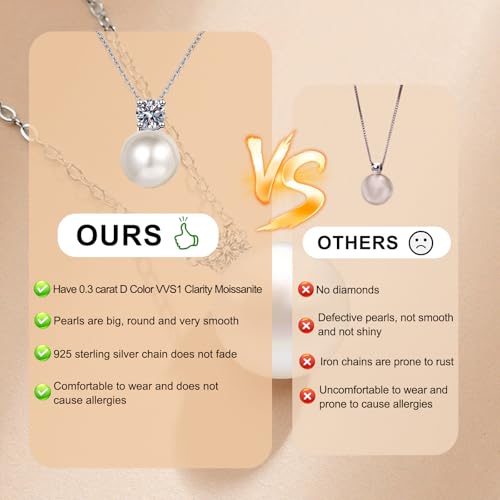 S925 Sterling Silver Pearl Pendant& Moissanite Necklace for Women - 8mm Freshwater Cultured Pearl, 0.3ct D/VVS1 Moissanite Pendant, Adjustable Chain,Gifts for Women4
