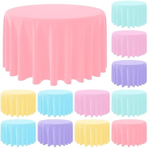 12Pack Round Pastel Color Tablecloths,Plastic Pastel Rainbow Tablecloth Disposable Round Table Covers for Baby Shower, Wedding,Girls Birthday Party and Ice Cream Party Decoration,6Color, 84 Inch Cover