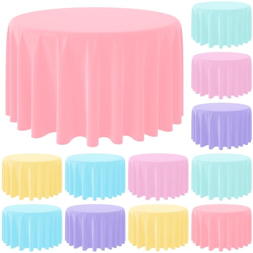 Image of MASHAN 12Pack 84 Inch Round Pastel Color Tablecloths,Plastic Pastel Rainbow Tablecloth Disposable Round Table Covers for Baby Shower, Easter,Wedding, Birthday and Ice Cream Party Decoration,6Color