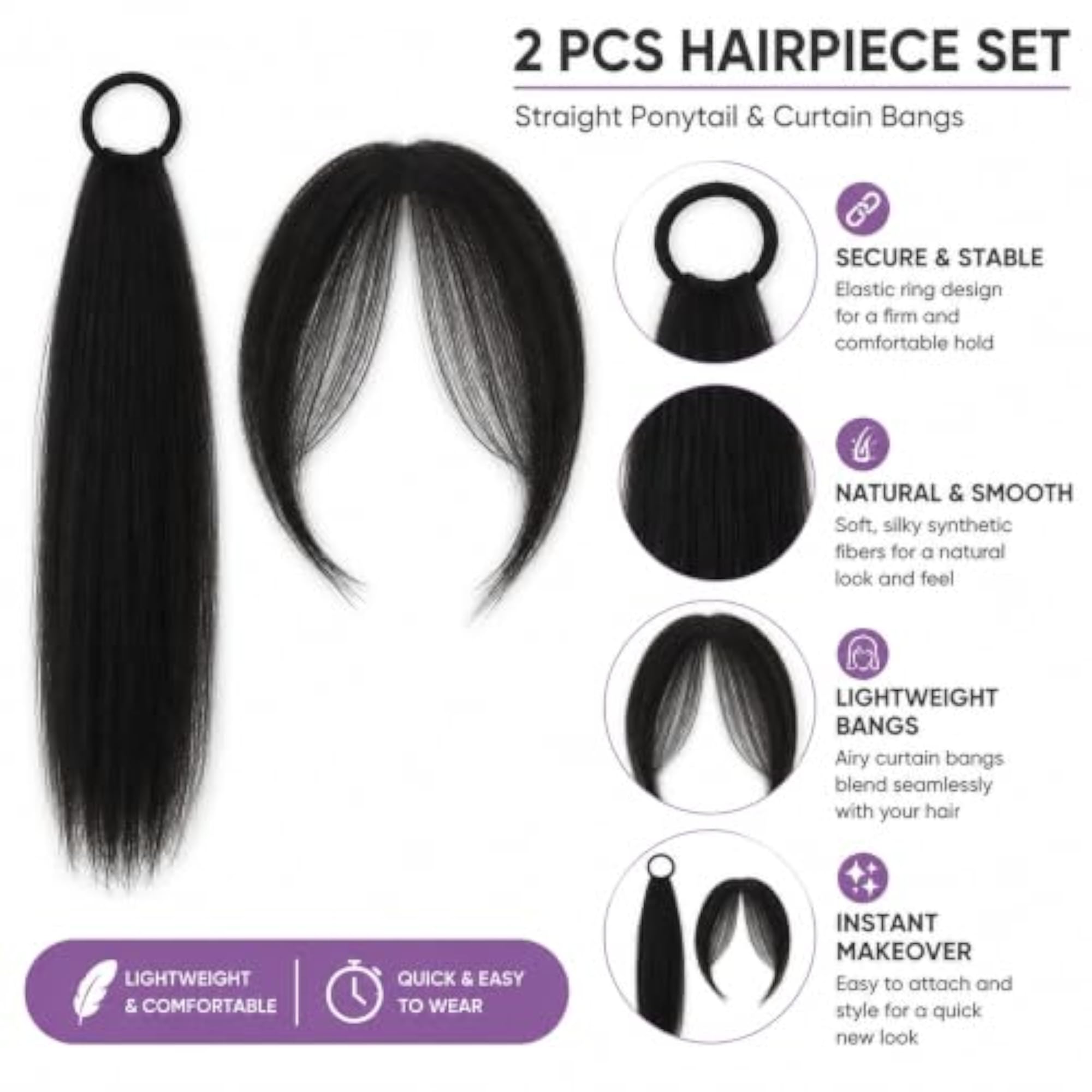 2Pcs Natural Black Hair Ponytail Extensions for Women