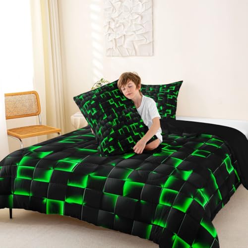 Image of Erosebridal Neon Black Green Boys Comforter Set Toddler Size Geometric Checkered Bedding Set for Kids Teen Men Gaming Room Decor,Abstract Ombre Plaid Comforter Grids Quilt Duvet
