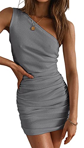 Ruched Bodycon Dresses for Women Casual Summer Mini Dress One Shoulder Sleeveless Ribbed Tank Tight Short Fitted Dresses Party Club Grey, Medium
