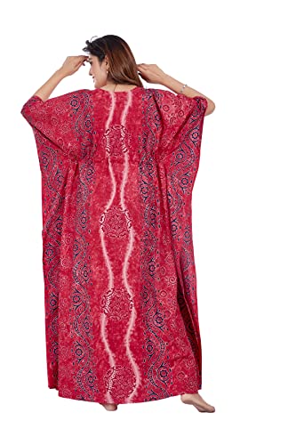Image of Womens Cotton Hand Dyed Batik Kaftan Nighty With Drawstring Waist | V-Neck Printed Free Size Relaxed Fit Casual Sleepwear Loungewear Nightwear Kaftan Dress Gift (Pink Design)