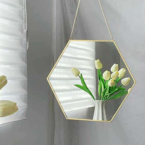 LONGWIN Hanging Wall Hexagon Mirror Decor Gold Geometric Mirror with Chain for Bathroom Bedroom Living Room 11.8"x 10.2" - Image 3