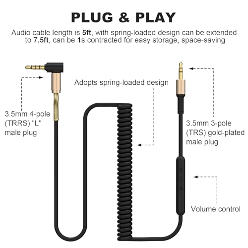 Gneinour Major 3 Cable with Microphone Compatible with Marshall Major II, Major III, Major IV, Major V, Monitor II Active Noise Canceling Headphone, 5-7.5ft