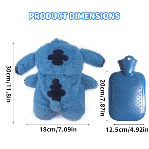 KBIBCK Fluffy Wärmflasche, 30cm Wärmflasche Kinder, Cartoon HeißWasserflasche für Kinder, Wärmflasches Kuscheltier, Herausnehmbarer Innenbehälter Plüsch HeißWasserflasche für Kinders Erwachsene (Blau)