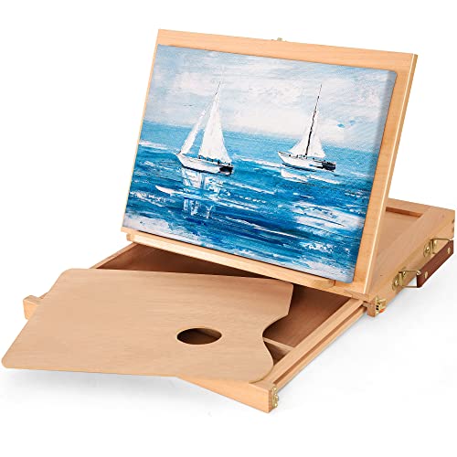 VISWIN Tabletop Easel with Storage Drawer & Palette, Adjustable Portable Beech Wood Sketch Box Table Top Easel for Painting, Desktop Travel Art Easel for Adults, Artists, Students