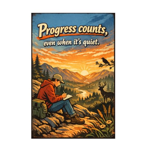 Progress Counts Even When It’s Quiet Tin Sign Vintage Inspirational Quote Metal Wall Decor Scenic Mountain Sunset Rustic Motivation Plaque Thoughtful Art For Home Office Cabin Study 8x12 Inch