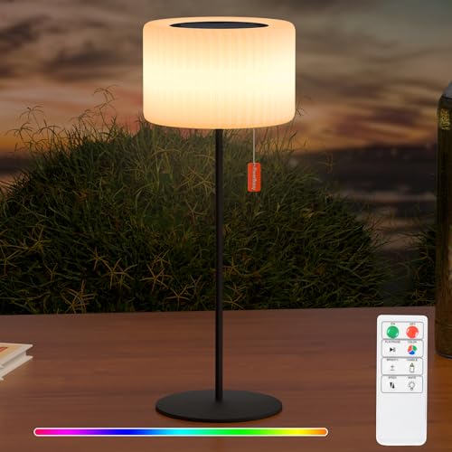 RWWR Solar Tischlampe Outdoor LED 2-in-1 Aufladung Tischleuchte Akku Kabellos mit Fernsteuerung 8 Farben Dimmbar IP44 für Balkon Terrasse Camping Garten