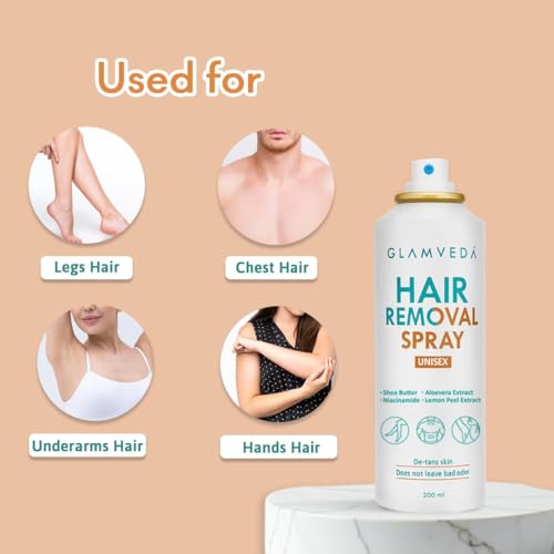 Image of Glamveda Hair Removal Spray with Aloe Vera Extract | Painless Body Hair Remover for Men & Women | Helps Leave Skin Soft & Smooth | Suitable for Chest, Arms, Legs & Underarms | 200 ml