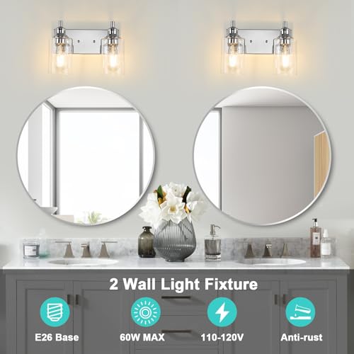 Image of 2-Light Bathroom Light Fixtures Modern Chrome Vanity Lights for Bathroom Lighting Fixtures Over Mirror for Cabinet Mirror Bedroom Hallway