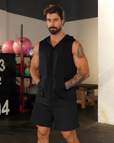 Men's Workout Hooded Tank Tops Zip Up Sleeveless Gym Shirts Bodybuilding Hoodies Muscle Cut Off T Shirt3