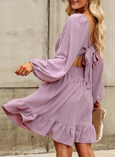 Image of Dokotoo Womens Dress Lantern Sleeve Elastic Waist Tie Backless Mini Dress | Square Neck,Off Shoulder,Flowy,Ruffle A-Line,Casual,Mini Dress,Beach Vacation Clothes,Fall Outifits,Wedding Guest,Boho