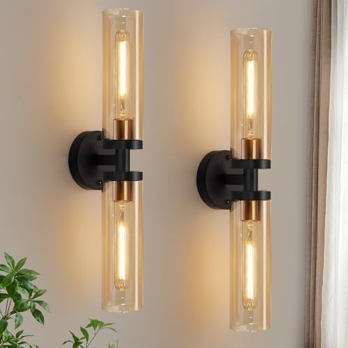 Image of Indoi Wall Sconces Set of Two, Hardwired Black and Gold Bathroom Sconces Wall Lights with Amber Glass, Modern Sconces Wall Decor Set of 2 Vanity Light fixtures for Bathroom Mirror Living Room