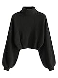 ZAFUL Women's Cropped Turtleneck Sweater Lantern Sleeve Ribbed Knit Pullover Sweater Jumper (2-Black, L)