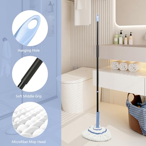 Image of Self-Wringing Twist Mop,57 inch Long Handle, House Accessories,Blue | Microfiber Floor Mop, House Accessories,Household Clean Mop for Tile, Hardwood, Kitchen, Bathroom, Patio, Garage
