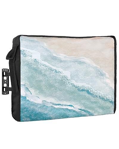 Summer Beach Outdoor TV Cover 52 to 55 Inches Weatherproof & Waterproof, Ocean Coastal Outdoor TV Enclosure with Remote Control Pocket, Seaside Nautical Aqua Beige TV Screen Protectors for Outside TV