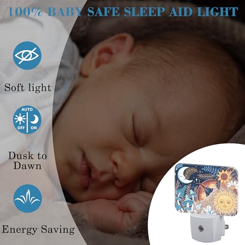 Image of Boho Moth Mushroom Night Light for Kids, Sun and Moon With Faces LED Night Light Plug into Wall with Dusk to Dawn Sensor for Girls Boys Women Men Room, Hallway, Kitchen, Bathroom, Stairs Decor