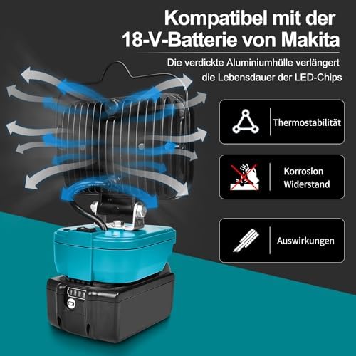 Image of Battery Lamp for Makita 18 V, 66 W Wireless LED Work Light, Battery, 6600 LM Bright LED Spotlight, Portable Floodlights, Construction Site Lamp, Battery Headlight with Type C and USB Charging