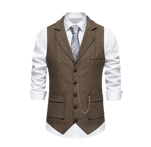 Mnjyihy Mens Western Suit Vest Fashion Chain Accessories Single Breasted Woolen Tweed V Neck Slim Fit Waistcoat Coffee XL