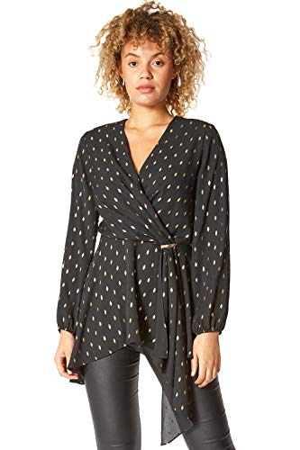 Roman Originals Women Metallic Spot Print Asymmetric Wrap Top - Ladies Smart Formal Evening Party Foil Printed V-Neck Long Sleeve Tie Side Blouse Tops - Black - Size 18