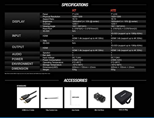 Lilliput H7s 7 Zoll 3G-SDI 1800cd/㎡ On-Camera Field Monitor 4K HDMI Input Output 1920x1200 IPS 3D Lut Top Broadcast Kamera SDI Monitor (Keine Batterie, Keine Stromversorgung)