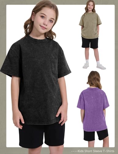 Image of COZYPOIN Unisex Kids Vintage Acid Wash Cotton Tees Crew Neck 3-16Y