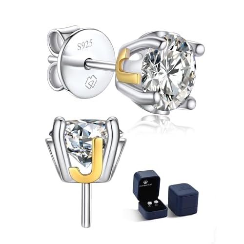 MomentWish Moissanite Stud Earrings, Christmas Gift for Her, 2 Carat Lab Created Diamond Earrings for Women, 925 Sterling Silver Initial Earrings Men Earrings Alphabet Letter Earrings J