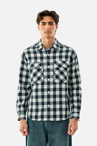 Image of SNITCH Men Shirt | Relaxed Fit Checkered Overshirt with Full Sleeve & Point Collar | Premium Cotton Blend Herringbone Weave Plaid Pattern Overshirt for Casual Layering & Style
