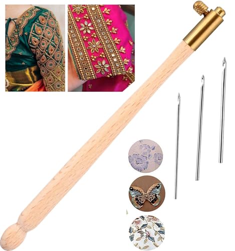 Jasol Embroidery Crochet Hooks with 3 Needles, Tambour Needle, French Crochet Embroidery Beading Tool Set, Embroidery Beading Needle Tools Sequin Beads Aari Needles (Brown Colour)
