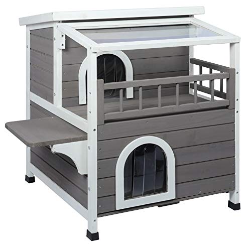 Friday discount Weatherproof Kitty House Outdoor Indoor, Luxurious 2-Story Cat Shelter Condo with Balcony, Transparent PVC Canopy & Escape Door (Grey)