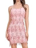 OBEEII Pink Homecoming Dress Sparkly Teens Short Tight Sparkly HOCO Dress 2024 Women's Sequins Fringe Bodycon Mini Party Dress Sexy Strappy Backless Glitters Tassels Junior Dance Dress Pink XS