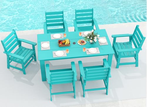 Image of GREENVINES 7-Piece Outdoor-Dining-Set | HDPE Plastic 67'' Table and Chairs Sets for 6 | Patio Furniture | All Weather | Umbrella Hole | Aqua | for Poolside Garden Backyard