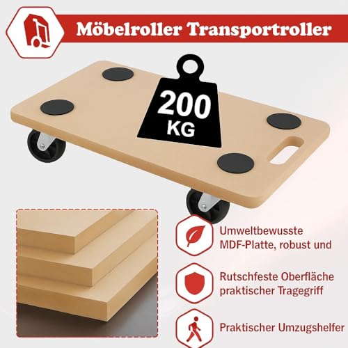 SCHEPERS Rollbrett Transportrolle Möbelroller Roller Transporter 200kg | 58 x 30 x 12 cm | MDF Braun