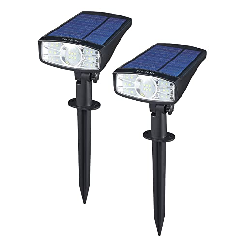 Solar Spot Lights Outdoor, SainSonic IP67 Waterproof Spotlights with a No Peeling Panel and Screwless Design for Long Life, LED Garden Wall Yard Pool Landscape Lighting, 700 Lumens Cold White, 2 Packs