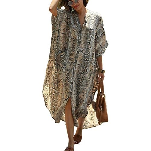 Bsubseach Beach Kaftan Dresses Women Button Down Long Rayon Caftan Swim Cover Up Muumuu Dress Oversized Coverups With Pockets A-snake Pattern One Size