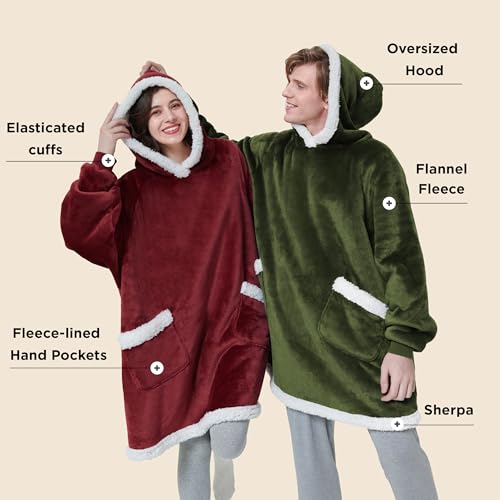 Bedsure Blanket Hoodie, Wearable Blanket for Adults & Kids as Gifts for Women Men, Birthday Gifts for Women Mom Girl Sherpa Oversized Hoodie, Olive Green, Oversize