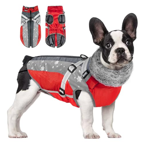 Eyein Hundemantel Winter, Wasserdichter Fleece Hundejacke mit Geschirr für kleine, mittlere und große Hunde, reflektierende Winddichter Welpenweste für Spaziergänge im Freien (Rot, M)