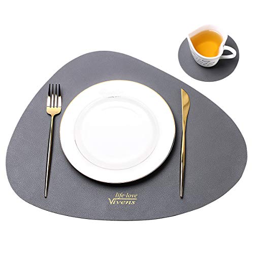 VIVENS Manteles Individuales, Manteles y Posavasos de Cuero de PU Juego de 2, Manteles Antideslizantes Resistentes a Las Manchas y Aislantes Térmicos Manteles Impermeables Lavables de Colores (Gris) Cover