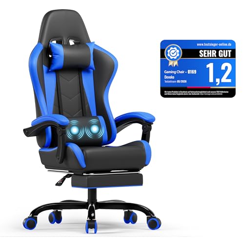 Devoko Silla Gaming Con Masajeador, Silla Oficina Con Reposapiés, Silla Juego De Carreras Con Una Carga De 150kg, Respaldo Ajustable Alto Silla Ergonomica De Juegos Reclinable 90-135 Azul