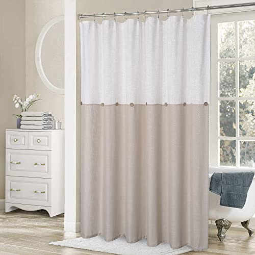 HOMERRY Extra langer Duschvorhang aus Leinen-Mischgewebe, schwer, 213 cm, Bauernhaus-Knopf, Farbblock, wasserabweisend, maschinenwaschbar, 183 x 213 cm, Leinen Cover