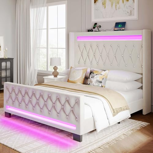 Rolanstar Queen Bed Frame with LED Light and Charging...